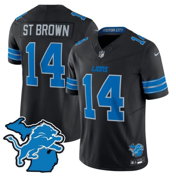 Men's Detroit Lions #14 Amon-Ra St. Brown Black 2024 F.U.S.E. With Michigan State Map Patch Vapor Limited Nike Stitched NFL Jersey