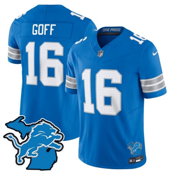 Men's Detroit Lions #16 Jared Goff Blue 2024 F.U.S.E. With Michigan State Map Patch Vapor Limited Nike Stitched NFL Jersey