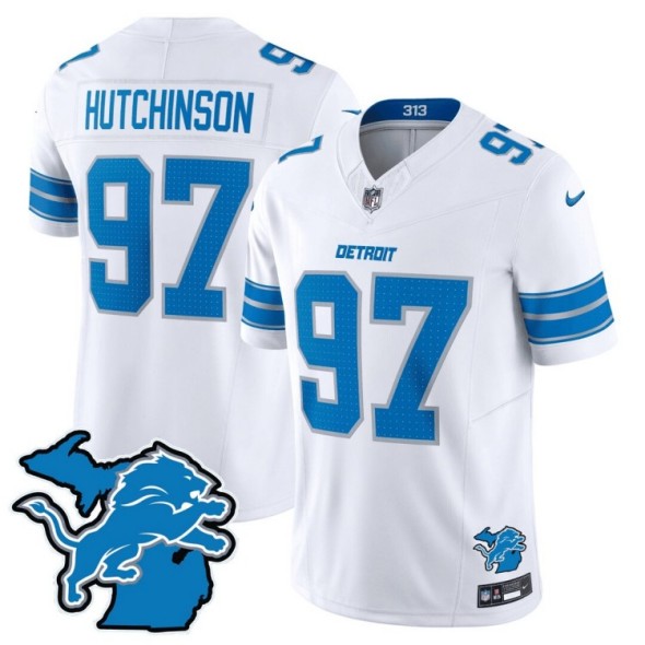 Men's Detroit Lions #97 Aidan Hutchinson White 2024 F.U.S.E. With Michigan State Map Patch Vapor Limited Nike Stitched NFL Jersey