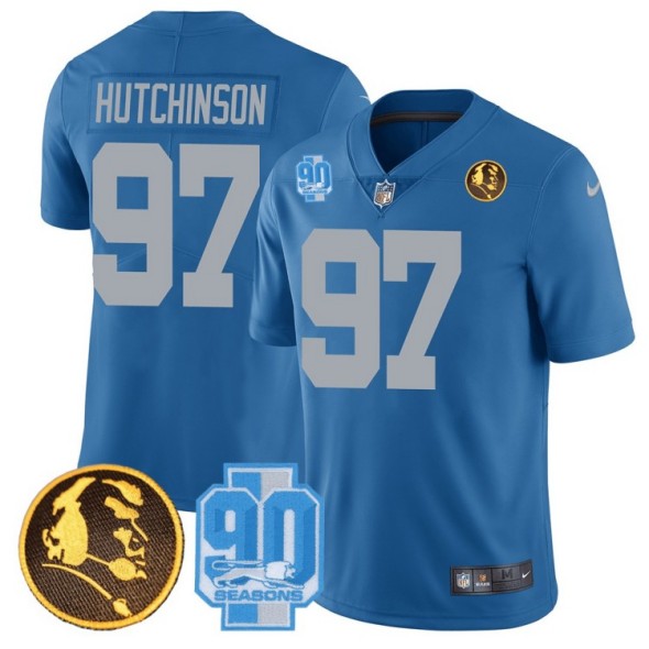 Men's Detroit Lions #97 Aidan Hutchinson Blue 2023 Vapor With John Madden and 90th Anniversary Patch Limited Stitched NFL Jersey