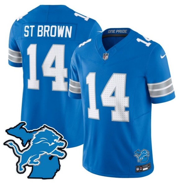 Men's Detroit Lions #14 Amon-Ra St. Brown Blue 2024 F.U.S.E. With Michigan State Map Patch Vapor Limited Nike Stitched NFL Jersey