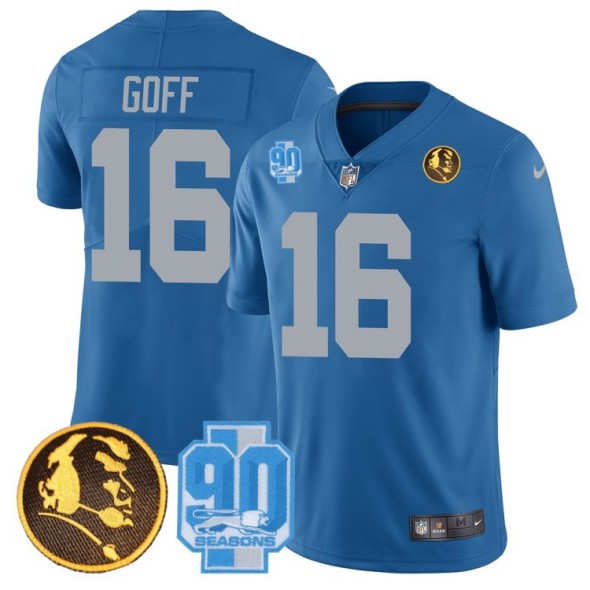 Men's Detroit Lions #16 Jared Goff Blue 2023 Vapor With John Madden and 90th Anniversary Patch Limited Stitched NFL Jersey