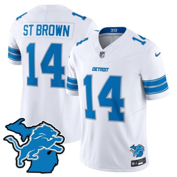 Men's Detroit Lions #14 Amon-Ra St. Brown White 2024 F.U.S.E. With Michigan State Map Patch Vapor Limited Nike Stitched NFL Jersey