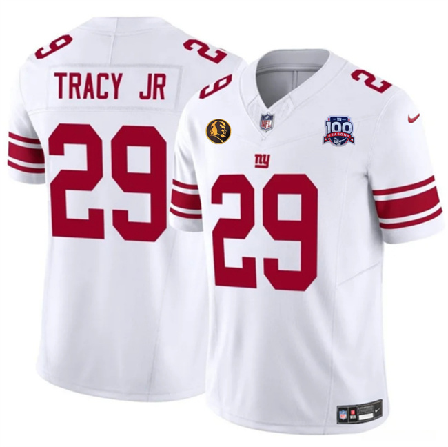 Men's New York Giants #29 Tyrone Tracy Jr. White 2024 F.U.S.E. With John Madden Patch And 100TH Season Patch Vapor Untouchable Limited Stitched Jersey