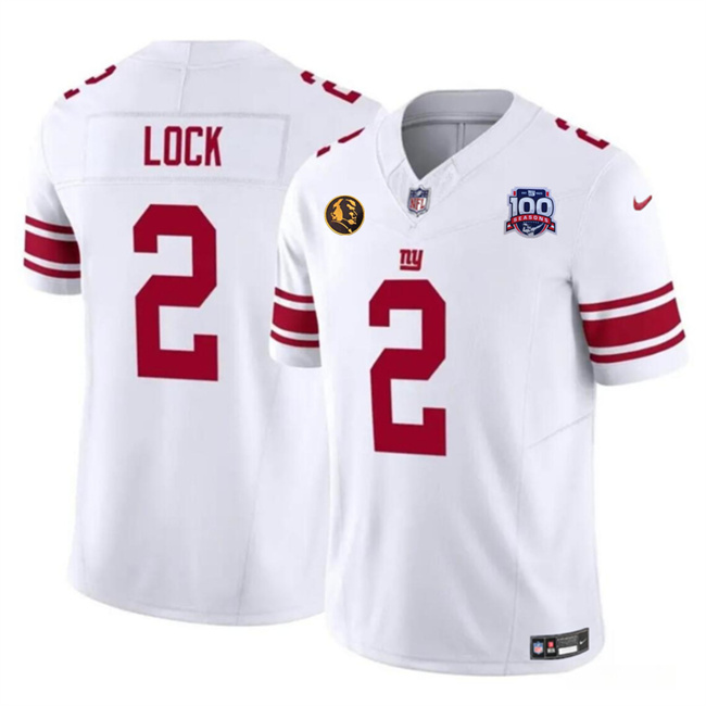 Men's New York Giants #2 Drew Lock White 2024 F.U.S.E. With John Madden Patch And 100TH Season Patch Vapor Untouchable Limited Stitched Jersey