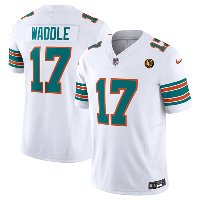 Men's Miami Dolphins #17 Jaylen Waddle White 2023 F.U.S.E. With John Madden Patch Alternate With John Madden Patch And 3-Star C Patch Vapor Limited Stitched Football Jersey