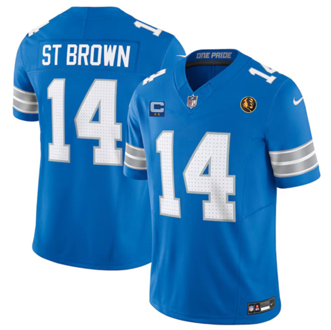 Men's Detroit Lions #14 Amon-Ra St. Brown Blue 2024 F.U.S.E. With John Madden Patch And 2-Star C Patch Vapor Limited Stitched Jersey