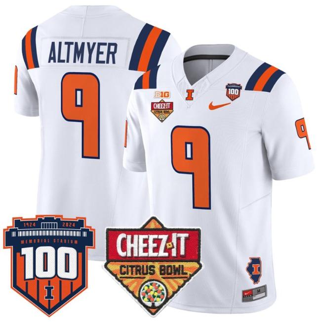 Men's Nike Luke Altmyer Jersey #9 Illinois Fighting 2025 Cheez-It Citrus Bowl Patch F.U.S.E. Vapor Limited Stitched College Football White