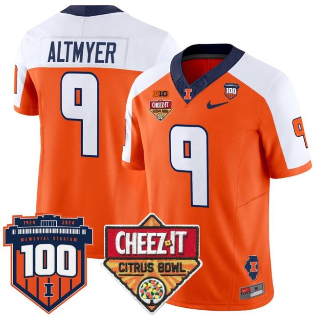 Men's Nike Luke Altmyer Jersey #9 Illinois Fighting 2025 Cheez-It Citrus Bowl Patch F.U.S.E. Vapor Limited Stitched College Football Orane Alternate