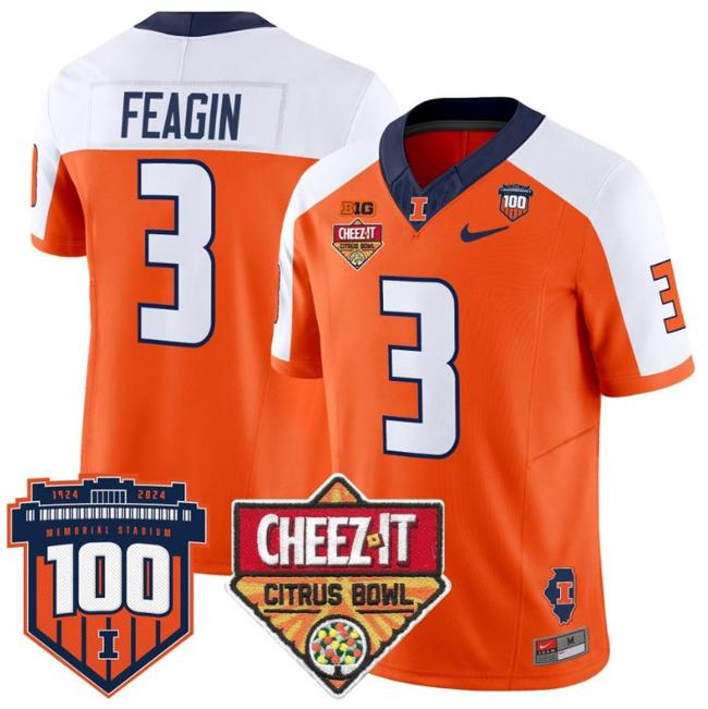 Men's Nike Kaden Feagin Jersey #3 Illinois Fighting 2025 Cheez-It Citrus Bowl Patch F.U.S.E. Vapor Limited Stitched College Football Orange Alternate