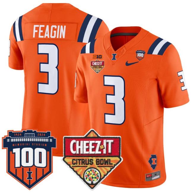 Men's Nike Kaden Feagin Jersey #3 Illinois Fighting 2025 Cheez-It Citrus Bowl Patch F.U.S.E. Vapor Limited Stitched College Football Orange