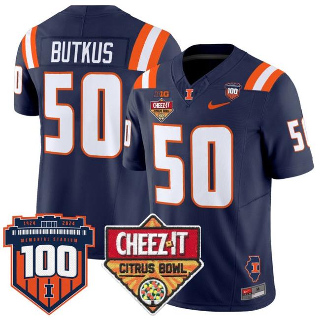 Men's Nike Dick Butkus Jersey #50 Illinois Fighting 2025 Cheez-It Citrus Bowl Patch F.U.S.E. Vapor Limited Stitched College Football Navy