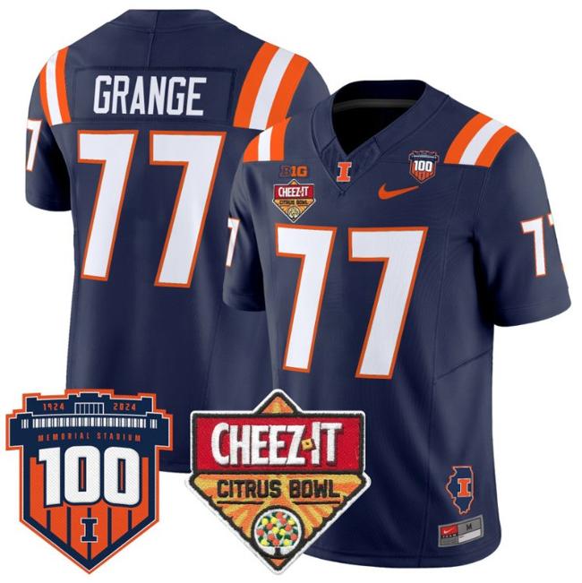 Men's Nike Red Grange Jersey #77 Illinois Fighting 2025 Cheez-It Citrus Bowl Patch F.U.S.E. Vapor Limited Stitched College Football Navy