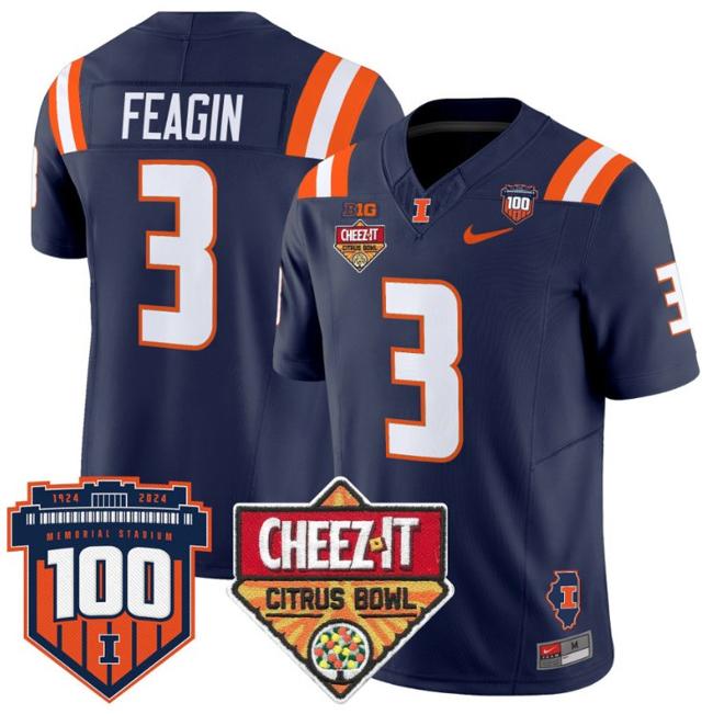 Men's Nike Kaden Feagin Jersey #3 Illinois Fighting 2025 Cheez-It Citrus Bowl Patch F.U.S.E. Vapor Limited Stitched College Football Navy