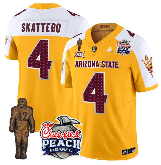 Men's Adidas Cam Skattebo Jersey #4 Arizona State Sun Devils Peach Bowl Patch Football V2 Gold Alternate