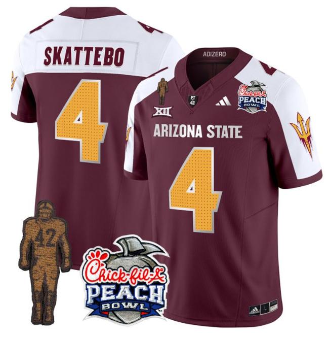 Men's Adidas Cam Skattebo Jersey #4 Arizona State Sun Devils Peach Bowl Patch Football V2 Maroon Alternate