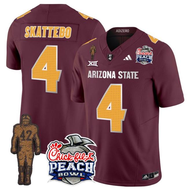 Men's Adidas Cam Skattebo Jersey #4 Arizona State Sun Devils Peach Bowl Patch Football V2 Maroon