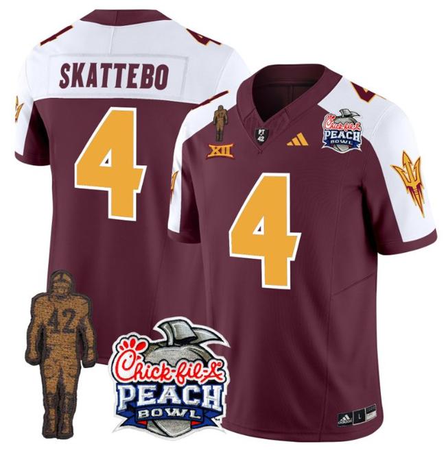 Men's Adidas Cam Skattebo Jersey #4 Arizona State Sun Devils Pat Tillman Peach Bowl Patch Maroon Alternate