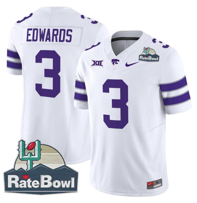 Men's Nike Dylan Edwards Jersey #3 Kansas State Wildcats 2025 Rate Bowl Patch F.U.S.E. Vapor Limited Stitched College Football White