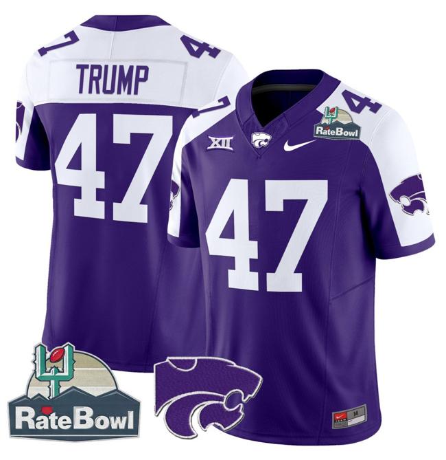 Men's Nike Donald Trump Jersey #47 Kansas State Wildcats 2025 Rate Bowl Patch F.U.S.E. Vapor Limited Stitched College Football Purple Alternate