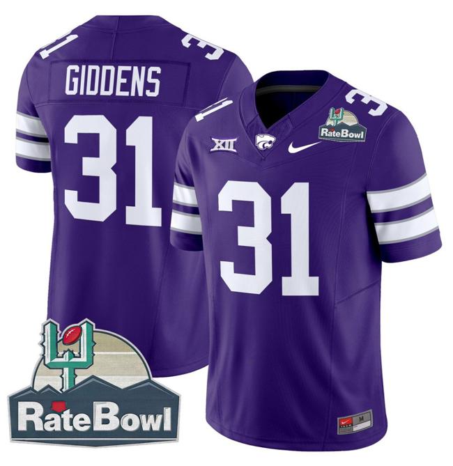 Men's Nike DJ Giddens Jersey #31 Kansas State Wildcats 2025 Rate Bowl Patch F.U.S.E. Vapor Limited Stitched College Football Purple