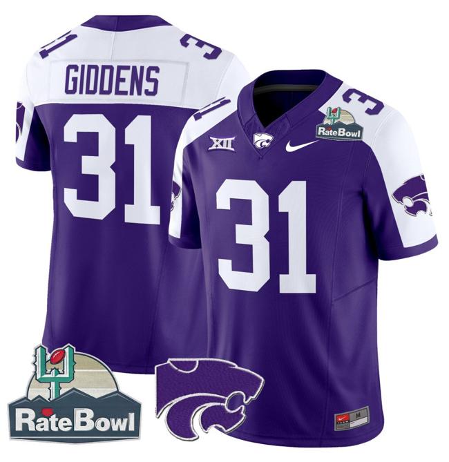 Men's Nike DJ Giddens Jersey #31 Kansas State Wildcats 2025 Rate Bowl Patch F.U.S.E. Vapor Limited Stitched College Football Purple Alternate