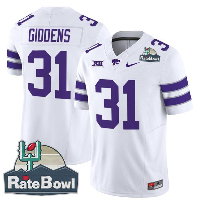 Men's Nike DJ Giddens Jersey #31 Kansas State Wildcats 2025 Rate Bowl Patch F.U.S.E. Vapor Limited Stitched College Football White