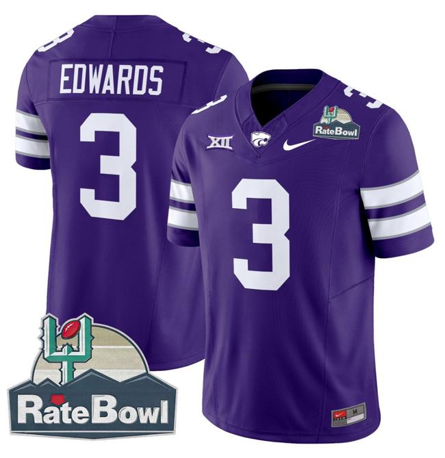 Men's Nike Dylan Edwards Jersey #3 Kansas State Wildcats 2025 Rate Bowl Patch F.U.S.E. Vapor Limited Stitched College Football Purple