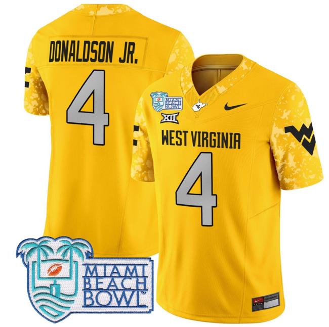 Men's Nike CJ Donaldson Jr Jersey #4 West Virginia Mountaineers 2025 Miami Beach Bowl Patch F.U.S.E. Vapor Limited Stitched College Football Goal