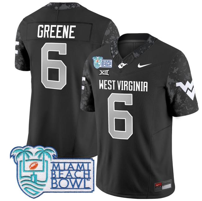 Men's Nike Garrett Greene Jersey #6 West Virginia Mountaineers 2025 Miami Beach Bowl Patch F.U.S.E. Vapor Limited Stitched College Football Coal