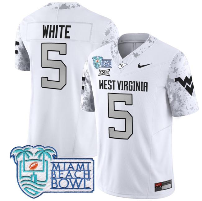 Men's Nike Pat White Jersey #5 West Virginia Mountaineers 2025 Miami Beach Bowl Patch F.U.S.E. Vapor Limited Stitched College Football White