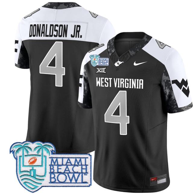 Men's Nike CJ Donaldson Jr Jersey #4 West Virginia Mountaineers 2025 Miami Beach Bowl Patch F.U.S.E. Vapor Limited Stitched College Football Alternate