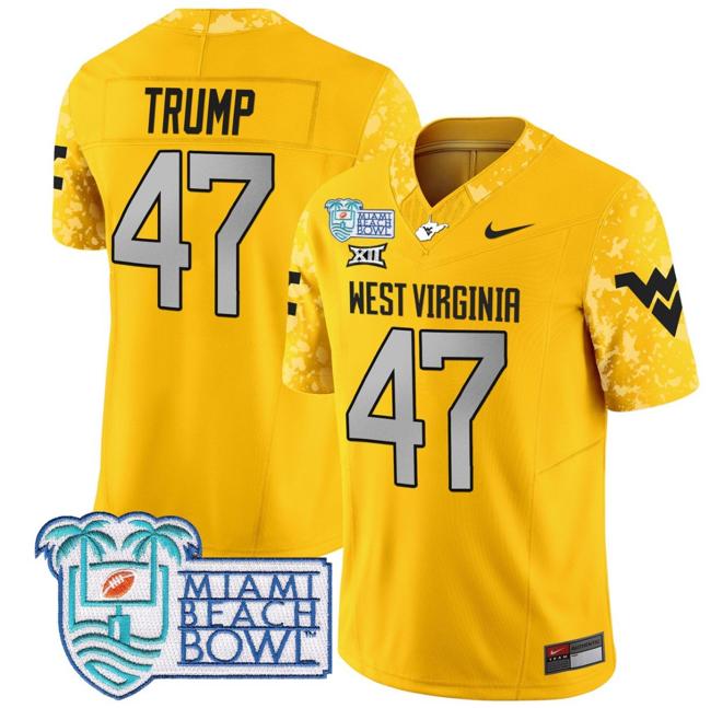 Men's Nike Donald Trump Jersey #47 West Virginia Mountaineers 2025 Miami Beach Bowl Patch F.U.S.E. Vapor Limited Stitched College Football Gold