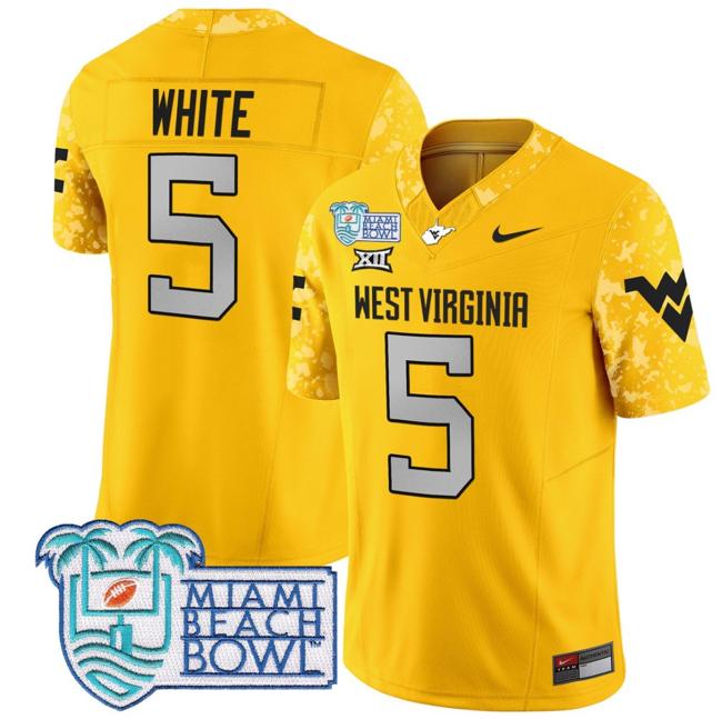 Men's Nike Pat White Jersey #5 West Virginia Mountaineers 2025 Miami Beach Bowl Patch F.U.S.E. Vapor Limited Stitched College Football Gold