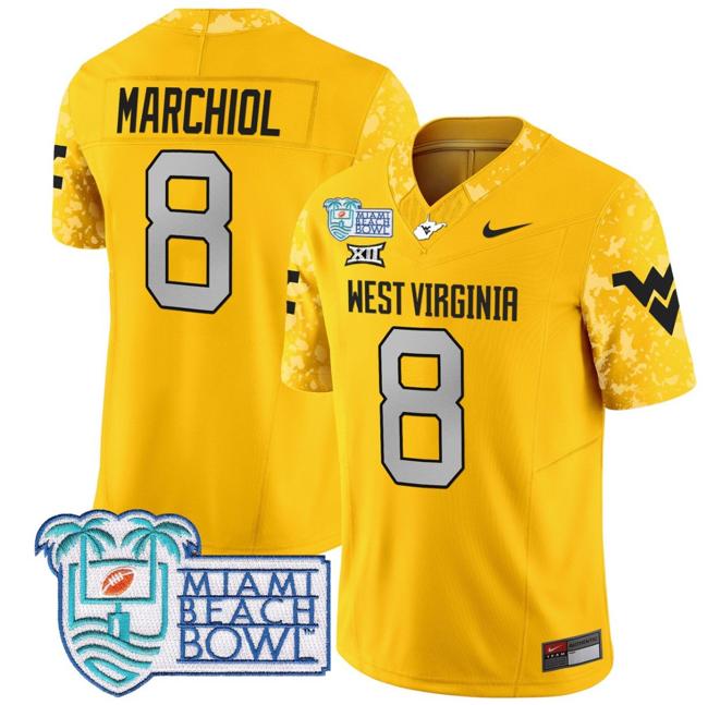 Men's Nike Nicco Marchiol Jersey #8 West Virginia Mountaineers 2025 Miami Beach Bowl Patch F.U.S.E. Vapor Limited Stitched College Football Goal