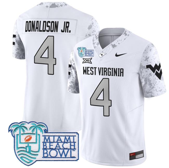 Men's Nike CJ Donaldson Jr Jersey #4 West Virginia Mountaineers 2025 Miami Beach Bowl Patch F.U.S.E. Vapor Limited Stitched College Football White