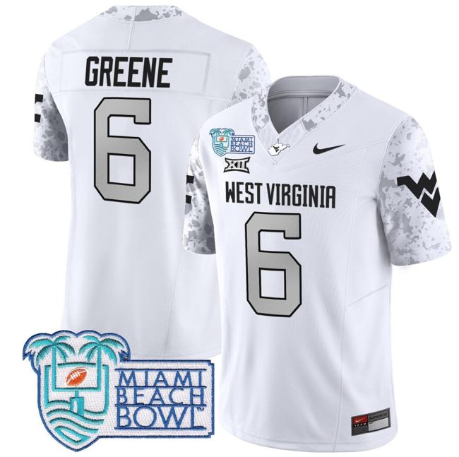 Men's Nike Garrett Greene Jersey #6 West Virginia Mountaineers 2025 Miami Beach Bowl Patch F.U.S.E. Vapor Limited Stitched College Football White