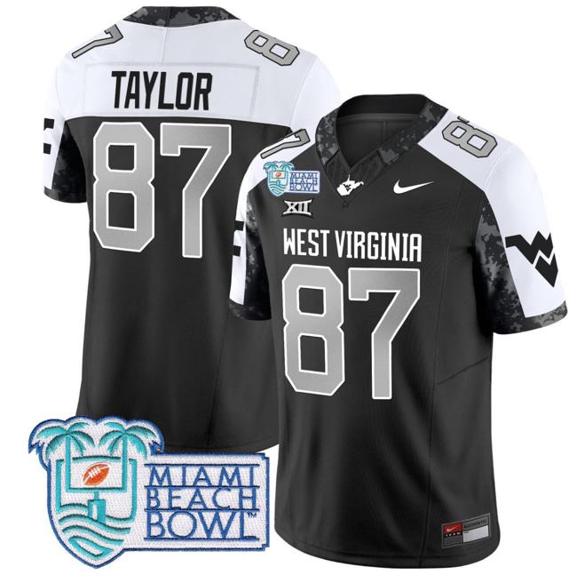 Men's Nike Kole Taylor Jersey #87 West Virginia Mountaineers 2025 Miami Beach Bowl Patch F.U.S.E. Vapor Limited Stitched College Football Alternate