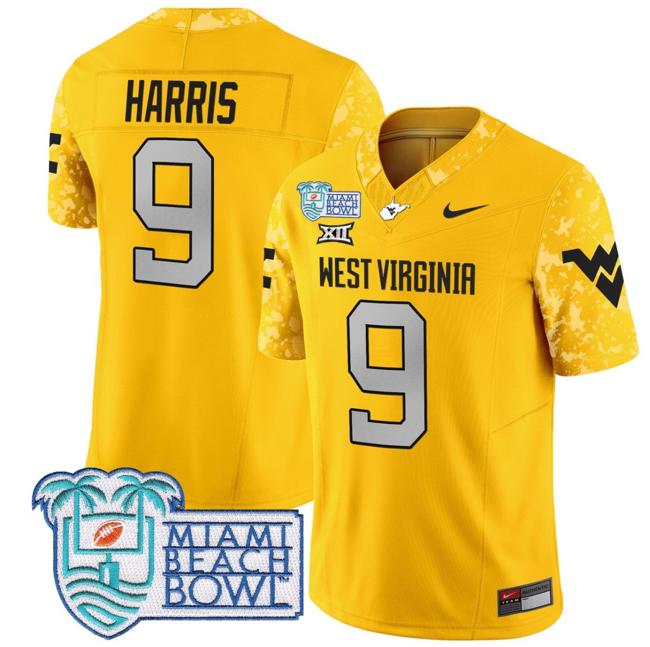 Men's Nike Major Harris Jersey #9 West Virginia Mountaineers 2025 Miami Beach Bowl Patch F.U.S.E. Vapor Limited Stitched College Football Gold