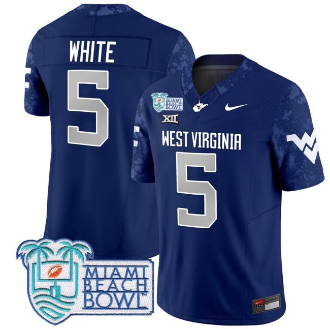 Men's Nike Pat White Jersey #5 West Virginia Mountaineers 2025 Miami Beach Bowl Patch F.U.S.E. Vapor Limited Stitched College Football Navy