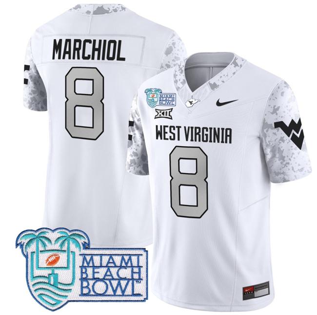 Men's Nike Nicco Marchiol Jersey #8 West Virginia Mountaineers 2025 Miami Beach Bowl Patch F.U.S.E. Vapor Limited Stitched College Football White