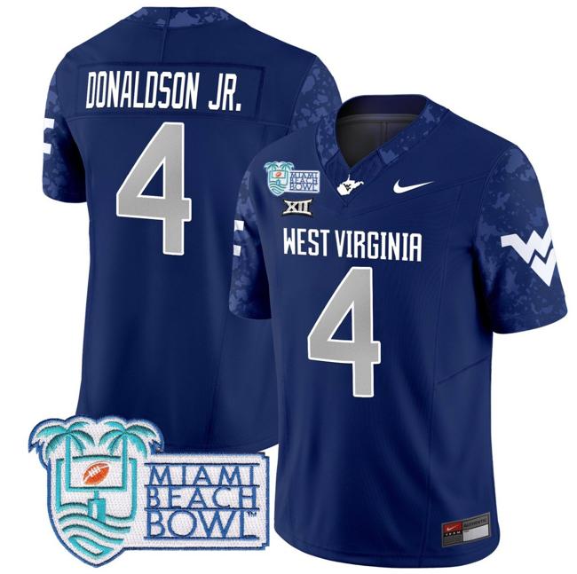 Men's Nike CJ Donaldson Jr Jersey #4 West Virginia Mountaineers 2025 Miami Beach Bowl Patch F.U.S.E. Vapor Limited Stitched College Football Navy