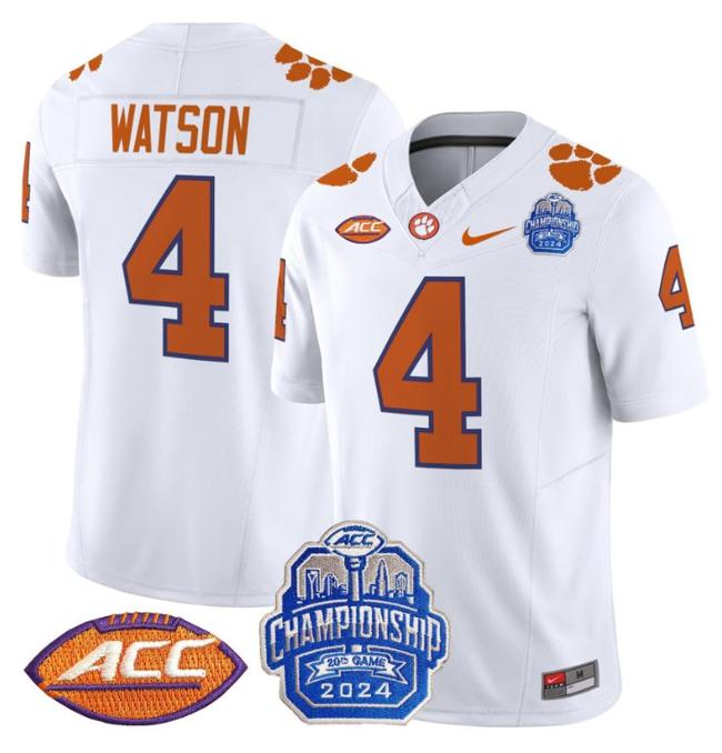 Men's Nike Deshaun Watson Jersey #4 Clemson Tigers 2024 ACC Championship Patch F.U.S.E. Vapor Limited Stitched College Football White