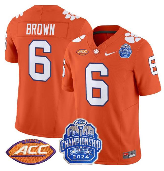 Men's Nike Tyler Brown Jersey #6 Clemson Tigers 2024 ACC Championship Patch F.U.S.E. Vapor Limited Stitched College Football Orange