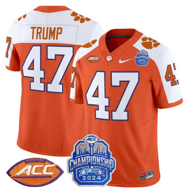 Men's Nike Donald Trump Jersey #47 Clemson Tigers 2024 ACC Championship Patch F.U.S.E. Vapor Limited Stitched College Football Orange Alternate