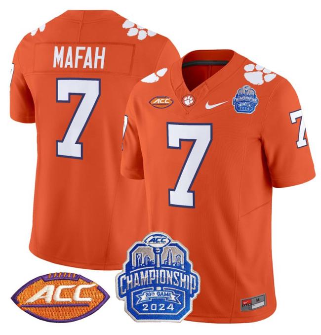 Men's Nike Phil Mafah Jersey #7 Clemson Tigers 2024 ACC Championship Patch F.U.S.E. Vapor Limited Stitched College Football Orange