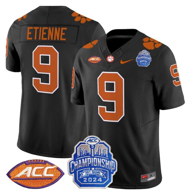 Men's Nike Travis Etienne Jersey #9 Clemson Tigers 2024 ACC Championship Patch F.U.S.E. Vapor Limited Stitched College Football Black