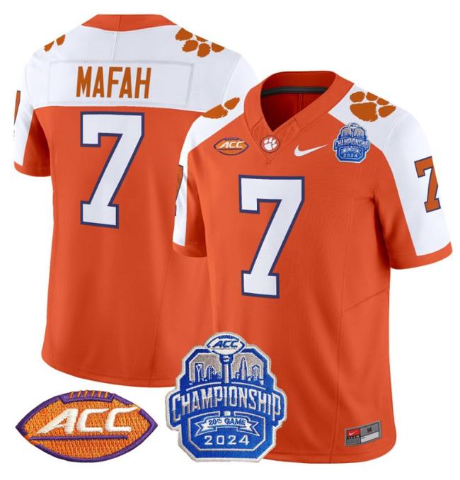 Men's Nike Phil Mafah Jersey #7 Clemson Tigers 2024 ACC Championship Patch F.U.S.E. Vapor Limited Stitched College Football Orange Alternate