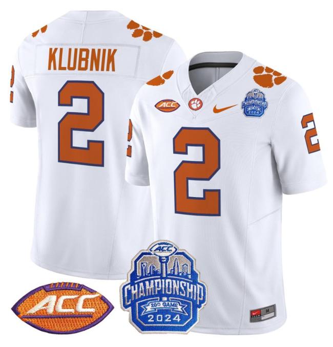 Men's Nike Cade Klubnik Jersey #2 Clemson Tigers 2024 ACC Championship Patch F.U.S.E. Vapor Limited Stitched College Football White