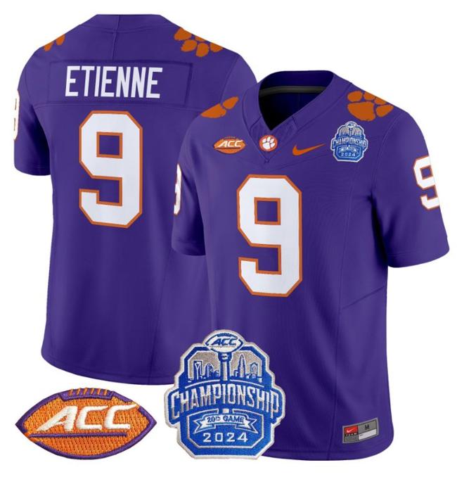 Men's Nike Travis Etienne Jersey #9 Clemson Tigers 2024 ACC Championship Patch F.U.S.E. Vapor Limited Stitched College Football Purple